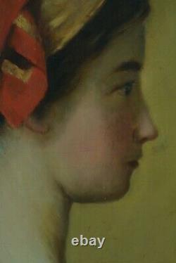 Beau tableau ancien portrait jeune fille au foulard rouge signé 19e HST cadre
