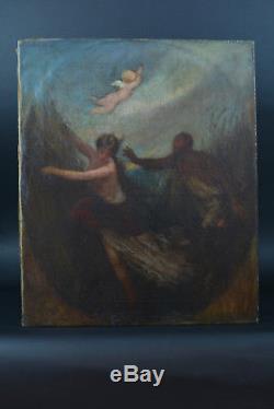 Beau tableau ancien symboliste Faune poursuivant une nymphe sv Cabanel ange 19e