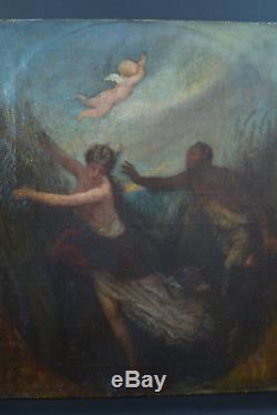 Beau tableau ancien symboliste Faune poursuivant une nymphe sv Cabanel ange 19e