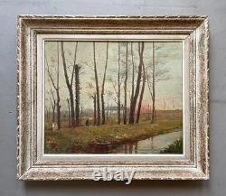 Berges de rivière, huile sur panneau, tableau ancien signé, peinture