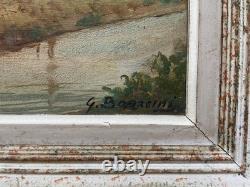 Berges de rivière, huile sur panneau, tableau ancien signé, peinture