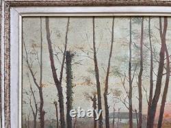 Berges de rivière, huile sur panneau, tableau ancien signé, peinture