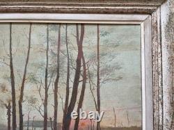 Berges de rivière, huile sur panneau, tableau ancien signé, peinture