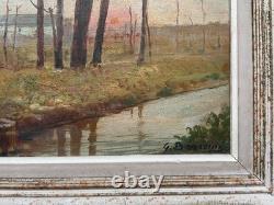 Berges de rivière, huile sur panneau, tableau ancien signé, peinture