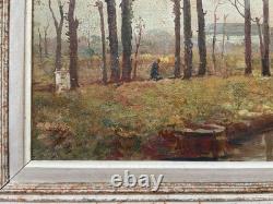 Berges de rivière, huile sur panneau, tableau ancien signé, peinture