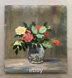 Bouquet de roses, huile sur carton, tableau ancien, peinture, début XXe