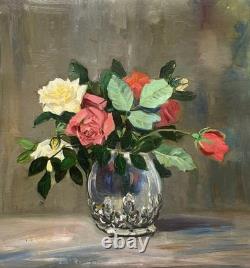 Bouquet de roses, huile sur carton, tableau ancien, peinture, début XXe