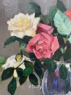 Bouquet de roses, huile sur carton, tableau ancien, peinture, début XXe