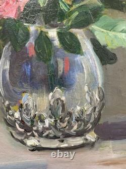 Bouquet de roses, huile sur carton, tableau ancien, peinture, début XXe