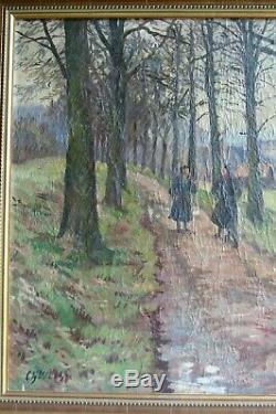Ch WEISS tableau ancien huile/toile paysage animé peinture Alsacienne début XXe