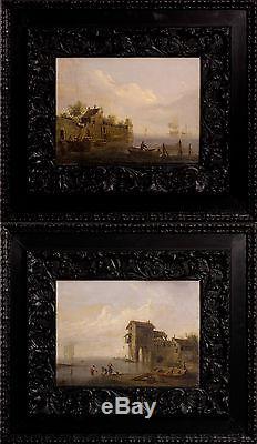 Charmant paire de tableaux anciennes XVII siècle Huile sur bois Scènes fluvial