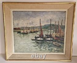 Côte Vassal Honfleur Huile sur toile Paysage marin bateaux signé tableau ancien