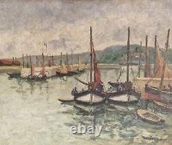 Côte Vassal Honfleur Huile sur toile Paysage marin bateaux signé tableau ancien