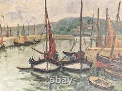 Côte Vassal Honfleur Huile sur toile Paysage marin bateaux signé tableau ancien