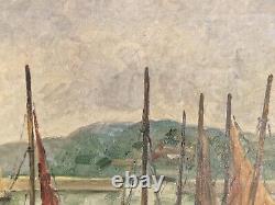 Côte Vassal Honfleur Huile sur toile Paysage marin bateaux signé tableau ancien