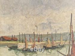 Côte Vassal Honfleur Huile sur toile Paysage marin bateaux signé tableau ancien