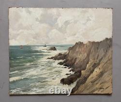 Côte rocheuse, huile sur panneau signée R. Fontenay, tableau ancien, peinture