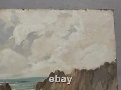 Côte rocheuse, huile sur panneau signée R. Fontenay, tableau ancien, peinture