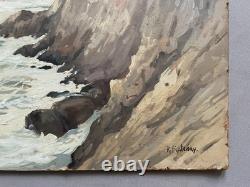 Côte rocheuse, huile sur panneau signée R. Fontenay, tableau ancien, peinture