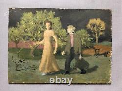 Couple En Promenade, Esquisse, Huile Sur Carton, Peinture, Tableau Ancien, XXe