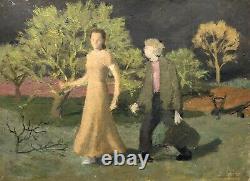 Couple En Promenade, Esquisse, Huile Sur Carton, Peinture, Tableau Ancien, XXe