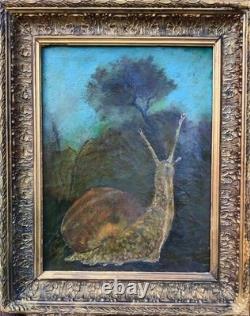 Curiosité, rare, tableau ancien Peinture À l'huile sur Toile escargot paysage