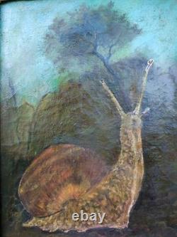 Curiosité, rare, tableau ancien Peinture À l'huile sur Toile escargot paysage