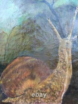 Curiosité, rare, tableau ancien Peinture À l'huile sur Toile escargot paysage
