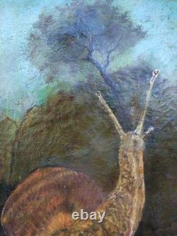 Curiosité, rare, tableau ancien Peinture À l'huile sur Toile escargot paysage