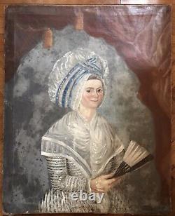ÉCOLE FRANÇAISE PORTRAIT HST TABLEAU ANCIEN FIN XVIII 18eme ART POPULAIRE NAÏF