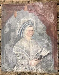 ÉCOLE FRANÇAISE PORTRAIT HST TABLEAU ANCIEN FIN XVIII 18eme ART POPULAIRE NAÏF