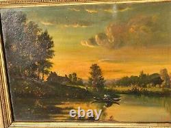 École Française 2 Tableaux anciens signé Paysage Animé Peinture huile sur Papier