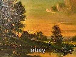 École Française 2 Tableaux anciens signé Paysage Animé Peinture huile sur Papier