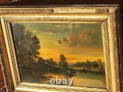 École Française 2 Tableaux anciens signé Paysage Animé Peinture huile sur Papier
