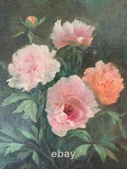 Ecole française fin XIXe, fleurs pivoines, tableau ancien, huile sur toile