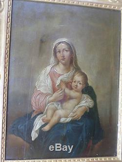 Ecole italienne- Tableau ancien/Vierge à l'enfant-Madonna-XIXe-Huile-OIL
