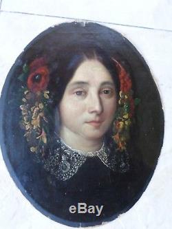 École romantique française XIXe-Tableau ancien-Portrait-Femme/fleurs-Huile-OIL