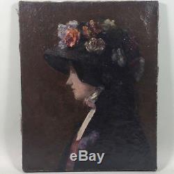 Elégante au chapeau fleuri, tableau ancien, vers 1900
