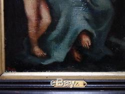 Exceptionnel tableau ancien 19ème vierge madone et enfant ange dans un paysage