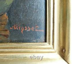 FLEURS dans un VASE Grand Tableau Ancien XIXe Signé en Rouge Sur Bois Acajou