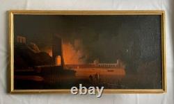 Forteresse incendiée, huile sur toile, tableau ancien, peinture, XVIIIe