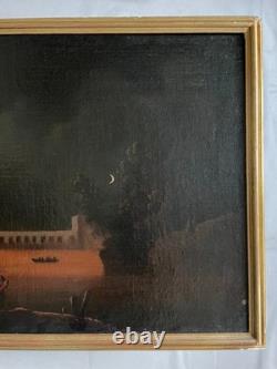 Forteresse incendiée, huile sur toile, tableau ancien, peinture, XVIIIe