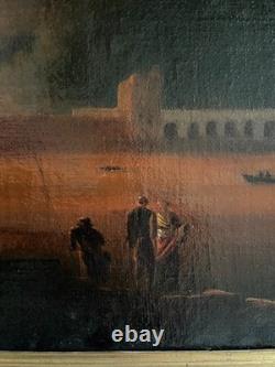 Forteresse incendiée, huile sur toile, tableau ancien, peinture, XVIIIe