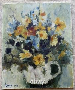 Françoise Pirro Tableau Ancien signé Nature Morte Fleurs Huile Toile