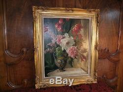 GRAND BEAU TABLEAU FLEURS PIVOINES, Ancien, Peinture huile, Signé, 57 x 45 cm