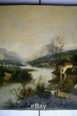 Gabouin 1875 Huile/Toile Tableau Ancien Paysage Montagne école Suisse Alpes