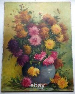 Grand Tableau Ancien Bouquet de Fleurs aux Dahlias Huile sur Toile Signé C. 1950