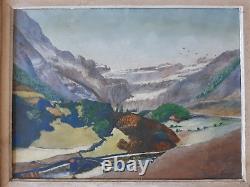 Grand Tableau Ancien Début XXe Huile Toile Paysage Montagne Fauve Encadré Signé