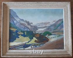 Grand Tableau Ancien Début XXe Huile Toile Paysage Montagne Fauve Encadré Signé