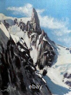 Grand Tableau Ancien Huile Montagne Neige Dent du Géant Alpes Mont BlancSigné